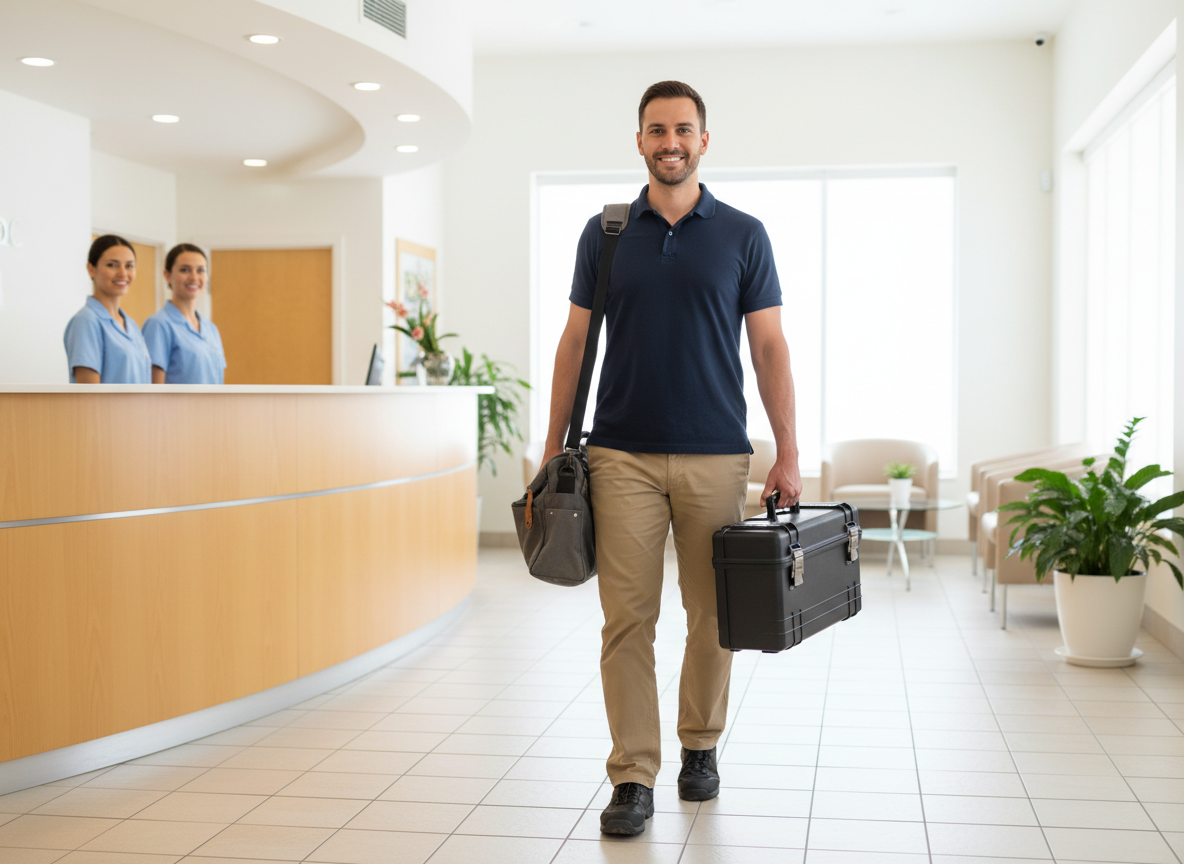 Engineer arriving at a clinic in Southend-on-Sea for an on-site machine repair