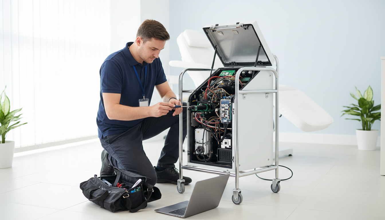 Engineer servicing a laser machine at a clinic in Chelmsford